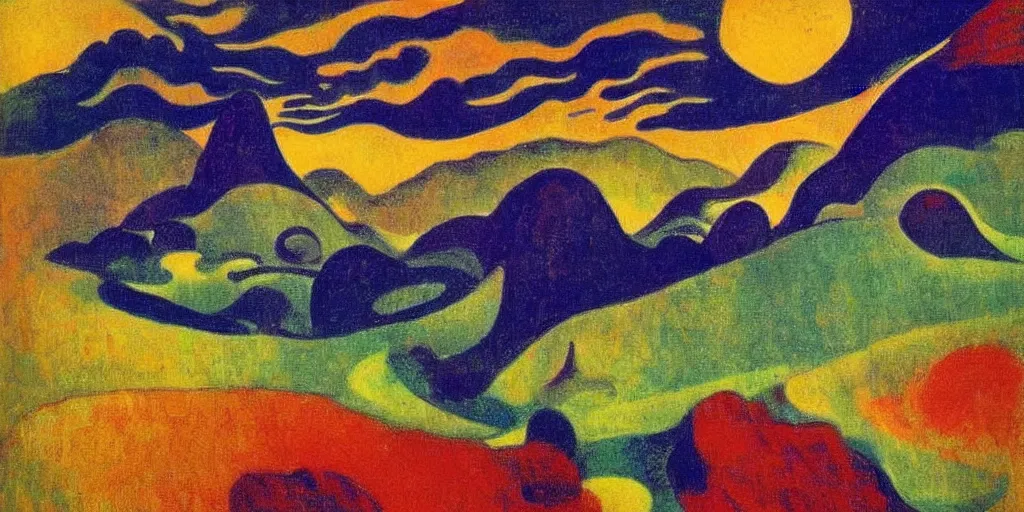 Image similar to An insane, modernist landscape painting. Wild energy patterns rippling in all directions. Curves, organic, zig-zags. Mountains, clouds. Rushing water. Waves. Psychedelic dream world. Odilon Redon. Ernst Kirchner.