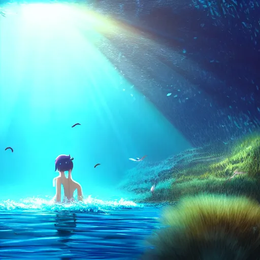 Image similar to young girl swimming in underwater forest with birds, light rays through water, sharp focus, Miyazaki, Makoto Shinkai, Highly Detailed, Cinematic Lighting, 8k, HD