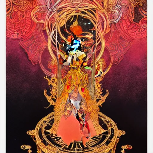 Image similar to jisoo + blackpink + elements + red + gold + neon + baroque + rococo + white + orange + ink + tarot card, ornate + by marc simonetti, paul pope, peter mohrbacher, detailed, intricate ink illustration + damask + award winning + 8 k