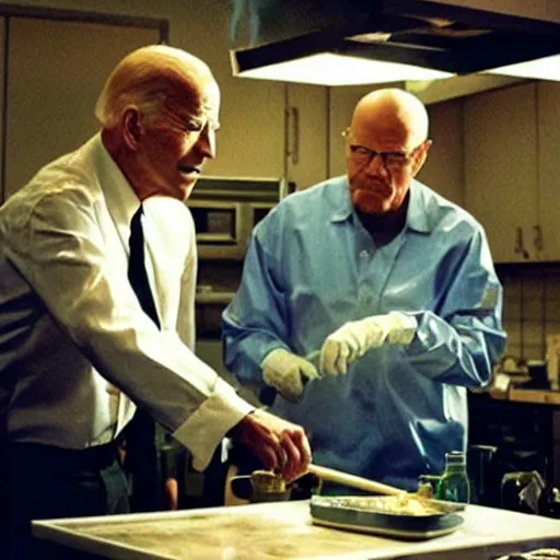 Image similar to “Very photorealistic screenshot of Joe Biden and Walter White cooking drugs in an episode of Breaking Bad, atmospheric lighting, award-winning”