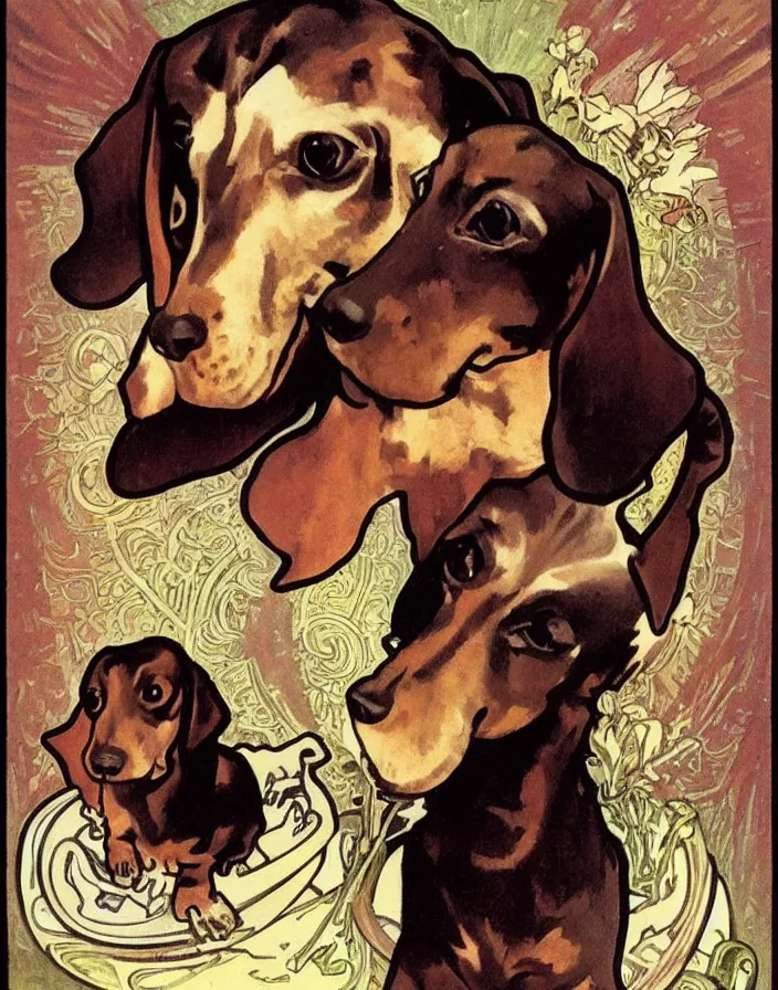 Prompt: Dachshund drinking absinthe by Alphonse Mucha