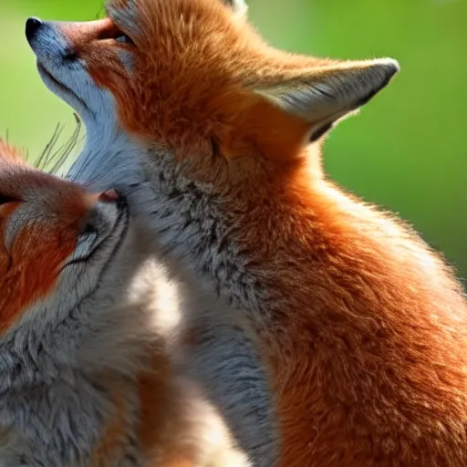 Prompt: Two foxes hugging each other lovingly