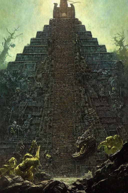 Prompt: a kaiju towers over a mayan temple, by norman rockwell, jack kirby, jon berkey, earle bergey, craig mullins, ruan jia, jeremy mann, tom lovell, marvel, astounding stories, 5 0 s pulp illustration, scifi, fantasy, artstation creature concept