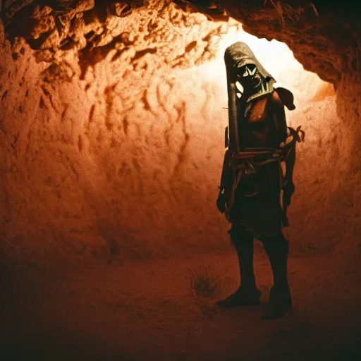 Image similar to beautiful dark painting of a tusken raider in a cave, dark horror, dramatic lighting by george lucas, cinestill, 3 5 mm