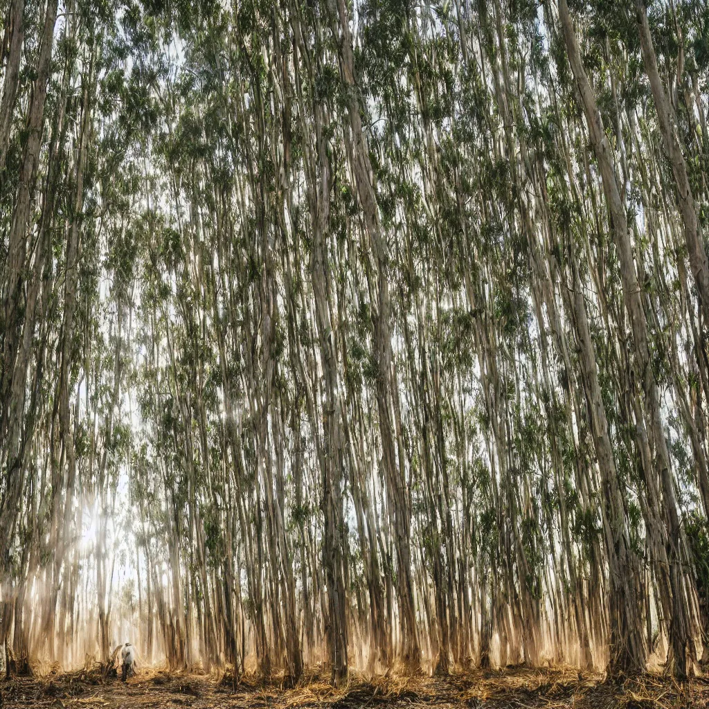 Prompt: long exposure photograph of moving eucalyptus trees in a strong wind, back light, sony ar 7 ii, photographed by julie blackmon