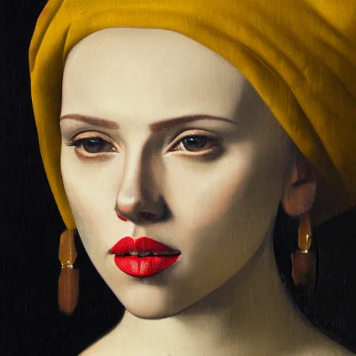 Prompt: A portrait of Scarlett Johansson painted by Johannes Vermeer