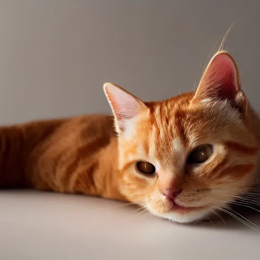 Image similar to a lazy and cute orange tabby cat cuddling studio lighting