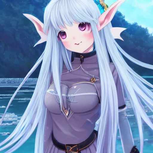 Image similar to a very beautiful anime elf girl, full body, long silver hair with a flower, sky blue eyes, full round face, short smile, revealing clothes, thick thigs, firm chest, ice snowy lake setting, cinematic lightning, medium shot, mid-shot, highly detailed, trending on Artstation, Unreal Engine 4k, cinematic wallpaper by Stanley Artgerm Lau, WLOP, Rossdraws, James Jean, Andrei Riabovitchev, Marc Simonetti, and Sakimichan