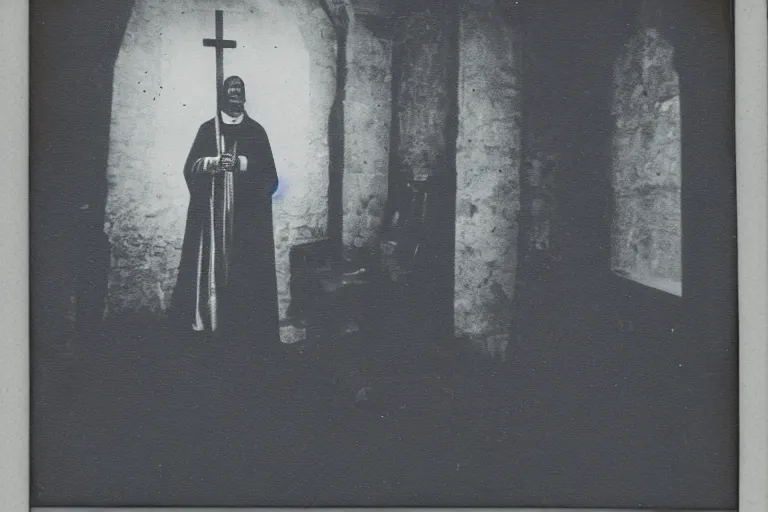 Prompt: dark old polaroid of an medieval bishop, wide angle