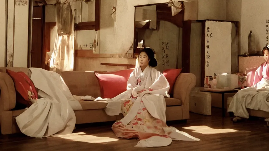 Image similar to woman in hanbok sitting on a couch, starfish monster's shadow is seen behind her, korean interior, cinematography by denis villeneuve and akira kurosawa and ishiro honda