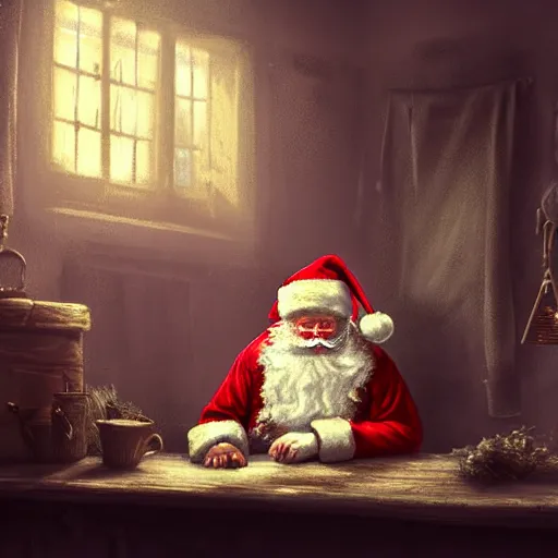 Prompt: depressed santa claus sitting in his workshop crying. dimly lit. dark. 4 k rtx hdr volume light concept studio matte painting environement digital illustration style artstation artur tarnowski, mihai muscan, marcin tomalak, marta leydy,