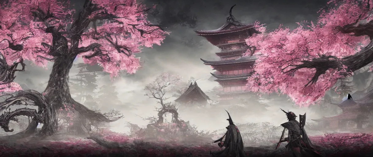 Image similar to gothic Japanese Shinto temple, surrounded by pink cherry blossom, huge animal skeleton in the middle,concept art, digital painting, matte painting, in the style of sekiro, Bloodborne, dark souls, demon souls, evening time, volumetric lighting, large scale, high detail, trending on art station, view from afar