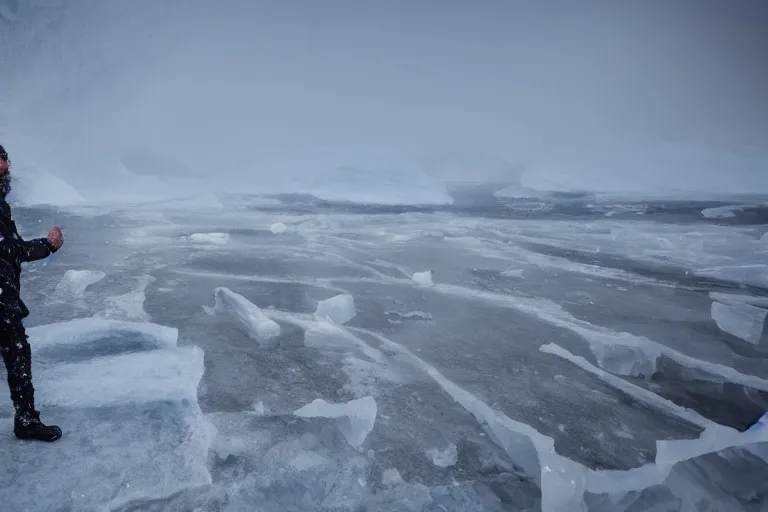 Image similar to a very windy and cold place, everything is made out of ice, snowing, cinematic lighting