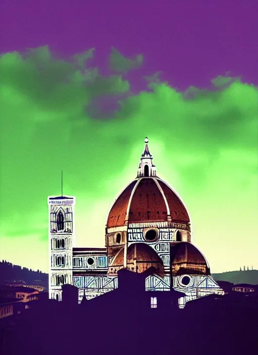Image similar to cyberpunk duomo of florence, green and purple hour by ismail inceoglu