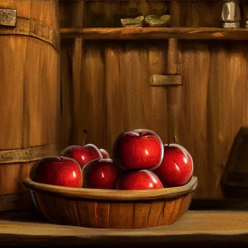 Image similar to oil painting of a barrel of apples in a tavern im medieval setting, low light, dwarves, HD, 4K, digital art