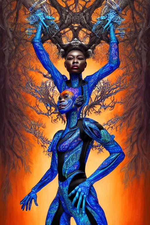 Image similar to hyperrealistic post-maximalist super expressive! black woman with exoskeleton armor, merging with tree in a forest, highly detailed digital art masterpiece smooth cam de leon hannah yata dramatic pearlescent blue orange light ground angle hd 8k sharp focus