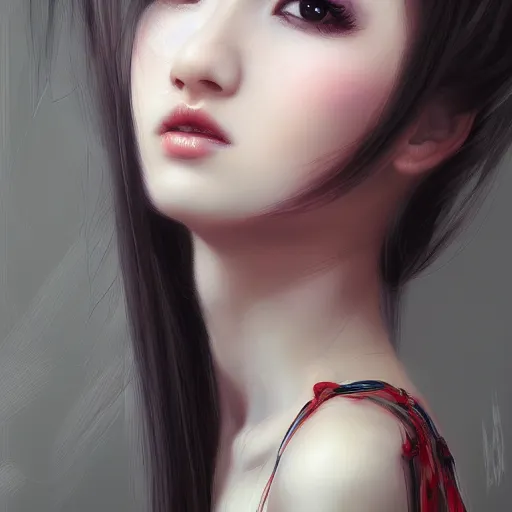 Image similar to a beautiful girl by wlop, black hair, dream, closeup, high detailed, ultra - realistic painting.