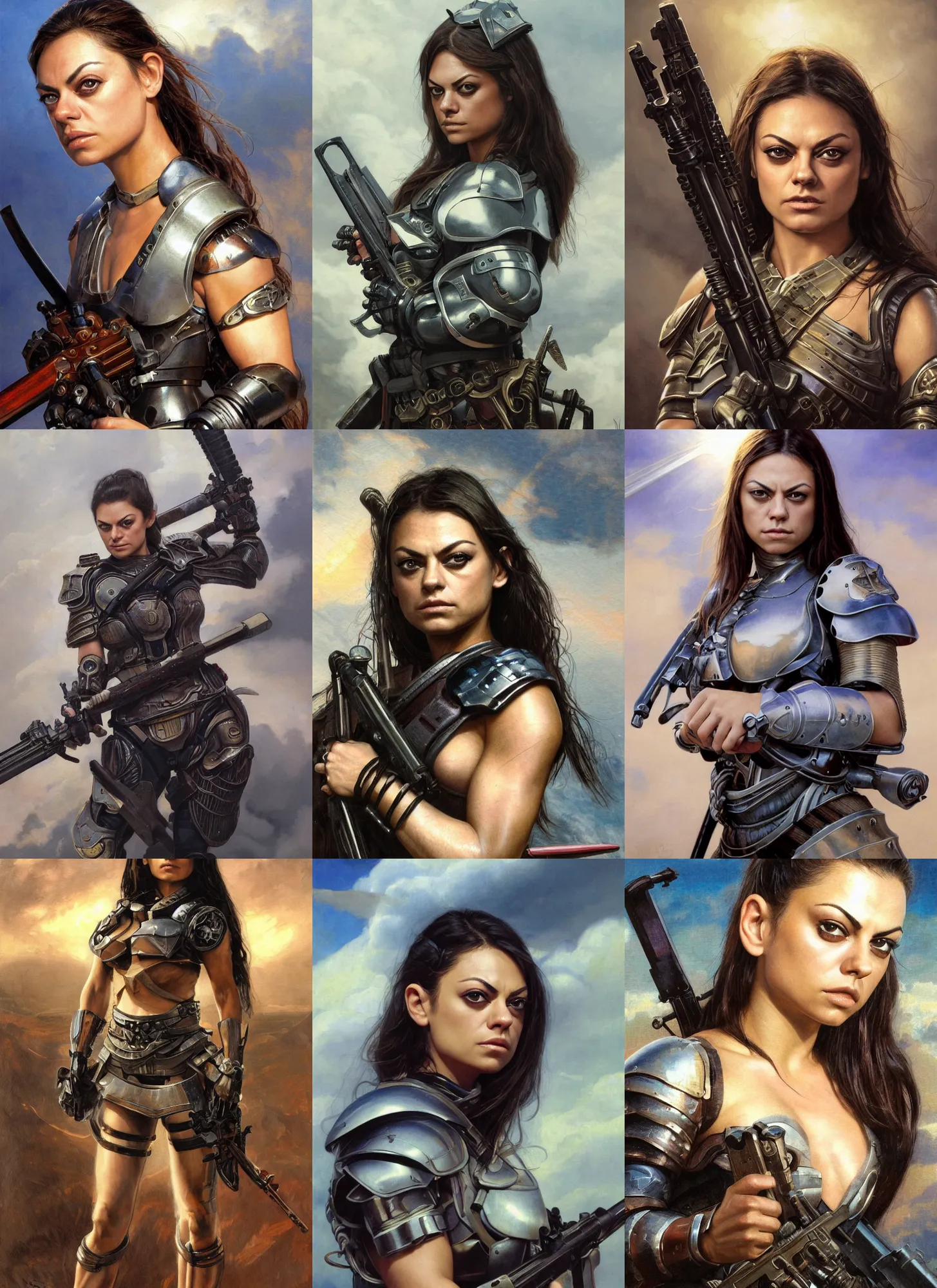 Prompt: extremely muscled cute mila kunis closeup portrait of a beautiful biblical diabolical samurai girl holding a rifle, cyborg armor, in clouds, cinematic studio light, windy, sunrise, by gerald brom, by mikhail vrubel, by peter elson, muted colors, extreme detail, trending on artstation, 8 k
