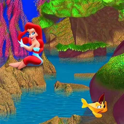 Prompt: Screencap of Disney's Ariel as an PS1 3D game