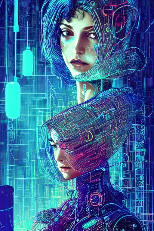 Image similar to dreamy cyberpunk girl, abstract smoke neon, digital nodes, computer network, beautiful woman, detailed acrylic, grunge, intricate complexity, by dan mumford and by alberto giacometti, arthur rackham