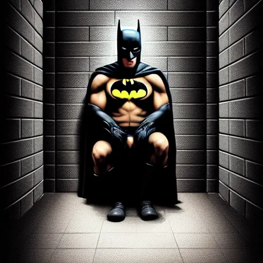 Prompt: low - angle shot from the ground of batman sitting on a toilet with pants down, dirty wall tiles, claustrophobic room, hyper - realistic comic digital art by tony daniel, dramatic lights, realistic, very very detailed, 4 k, dark colours