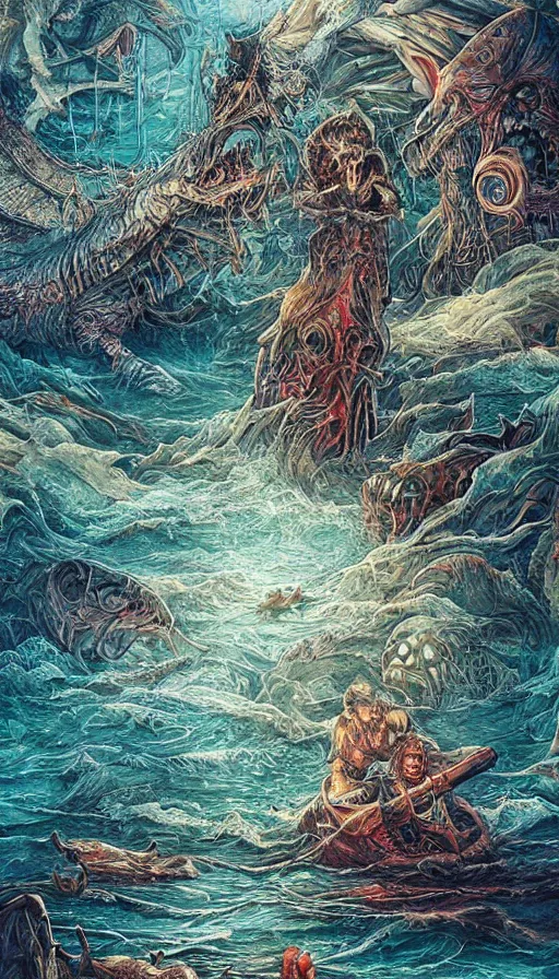 Prompt: man on boat crossing a body of water in hell with creatures in the water, sea of souls, by android jones,