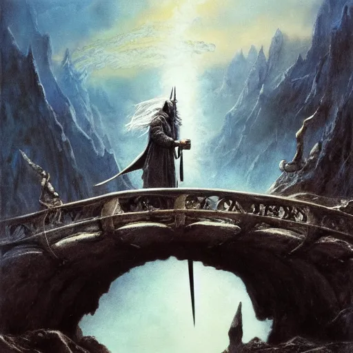 beautiful gandalf with a sword in his hand on a bridge | Stable ...