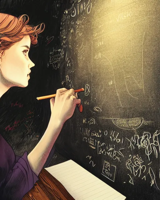 Image similar to a girl writing on a chalkboard, full shot, visible face, ambient lighting, detailed, art by ayami kojima, makoto shinkai, kilian eng