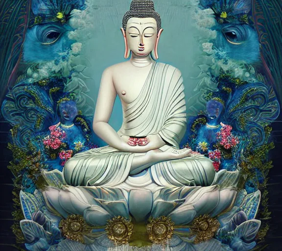 Image similar to breathtaking detailed concept art painting art deco pattern a beautiful buddha with pale skin on sitted on an intricate metal throne, hands pressed together in bow, light - blue flowers with kind piercing eyes and blend of flowers and birds, by hsiao - ron cheng and john james audubon, bizarre compositions, exquisite detail, extremely moody lighting, 8 k h 1 0 2 4