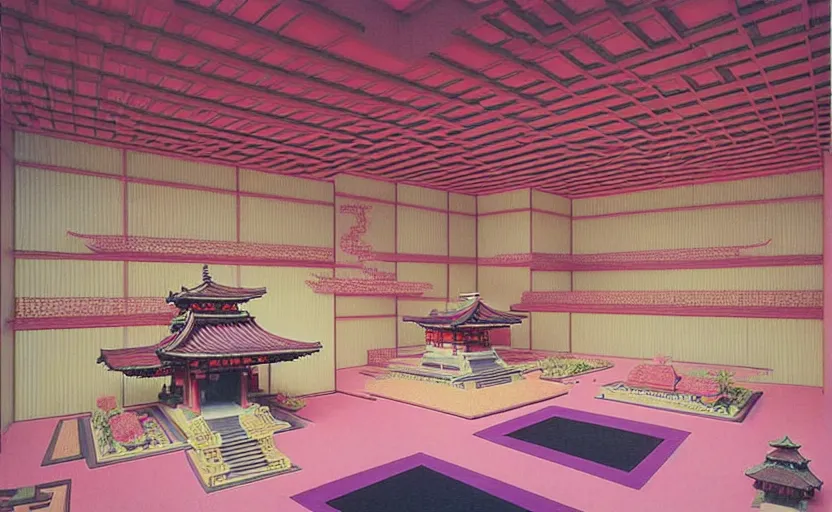 Prompt: huge sprawling gargantuan angular dimension of infinite indoor landscape japanese furniture with asian ceremonial temple. surrealism, mallsoft, vaporwave. muted colours, 8 0 s japanese interior design, shot from above, endless, neverending epic scale by escher and ricardo bofill