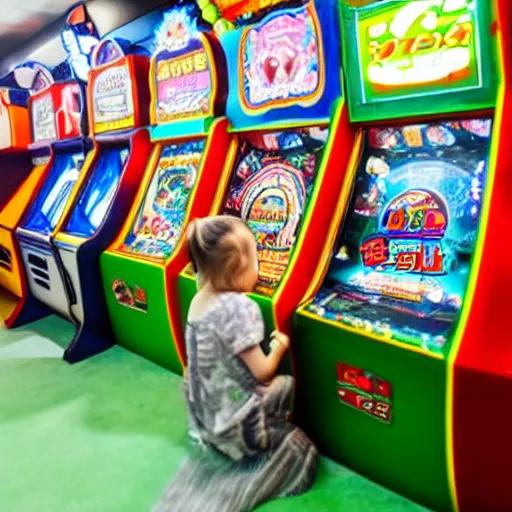 Prompt: a lot of arcade machines being played by really cute stuffed animals inside of a japanese arcade green white and red