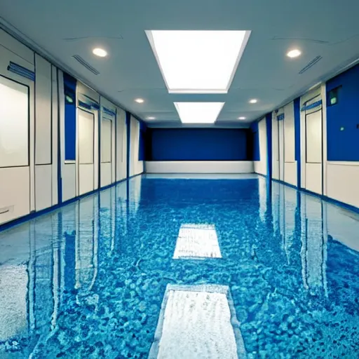 Image similar to a startrek futuristic large room with walls and floor made of blue rock. There is a small swimming pool on the floor