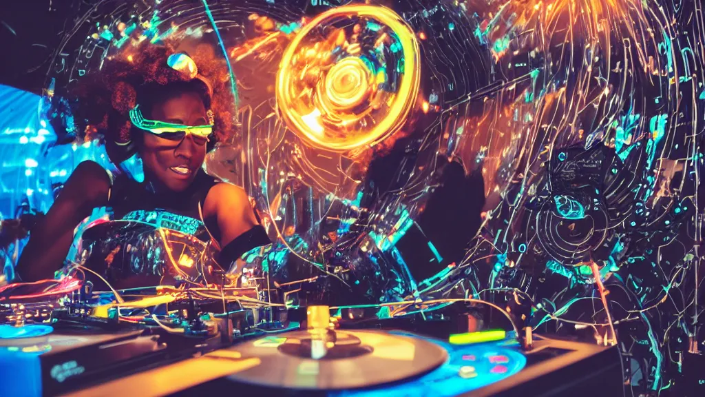 Prompt: a black woman wearing goggles and visor and headphones using an intricate clockwork record player turntable contraption, robot arms, computer screens, turntablism dj scratching, intricate planetary gears, cinematic, sharp focus, led light strips, bokeh, iridescent, black light, fog machine, hazy, lasers, spotlights, light trails, hyper color photograph