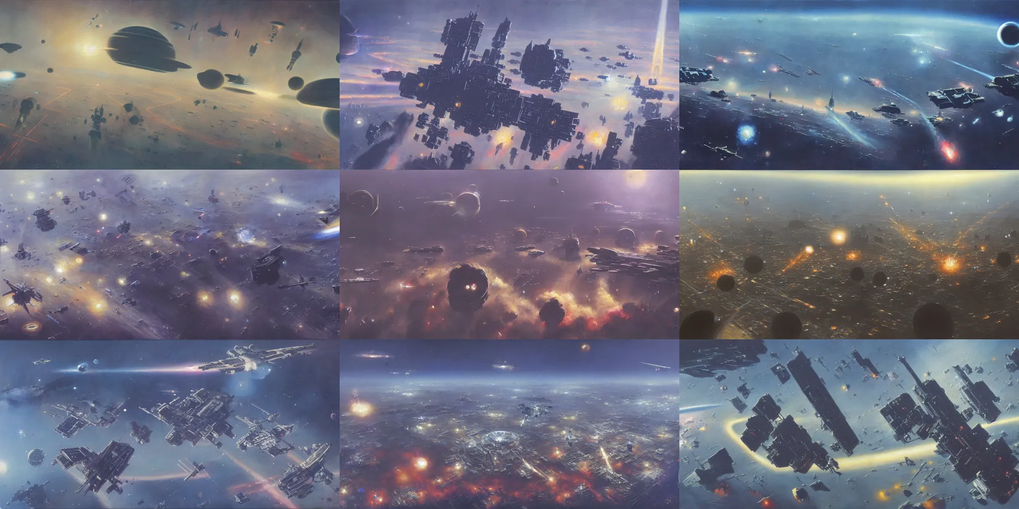 Image similar to a gorgeous painting of the low earth orbit space city under war by john harris. ultra clear detailed. 8 k