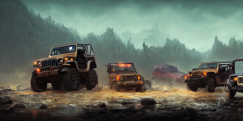 Image similar to Mahindra thar, furious chasing, action scene, an epic fantasy, dramatic lighting, cinematic, establishing shot, extremely high detail, photorealistic, cinematic lighting, matte painting, artstation, by simon stalenhag, horizon forbideen west