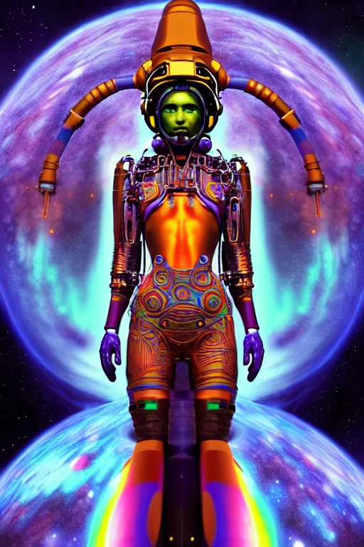 Image similar to max chroma planetary goddess character concept fantasy hyperrealistic detailed movie cinematic action scene in full color scientist gear steampunk colorscientist of color max chroma planetary prints by max chroma, greg rutkowsky, android jones, alex grey