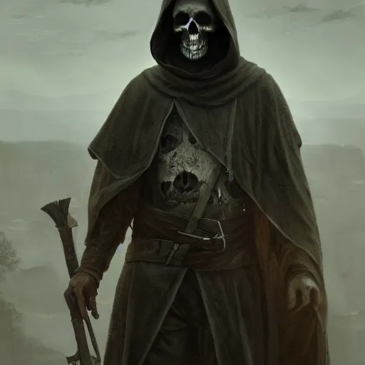 Prompt: an portrait of an hooded man with a skull face, Matte painting , detailed painting, made by Greg Rutkowski, 4k resolution, atmospheric, extremely high detail
