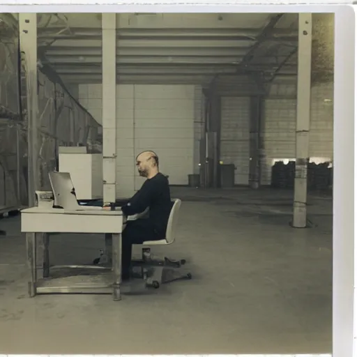 Image similar to a polaroid photo of man using a laptop inside in warehouse, he sitting on chair and small table, photo from behind