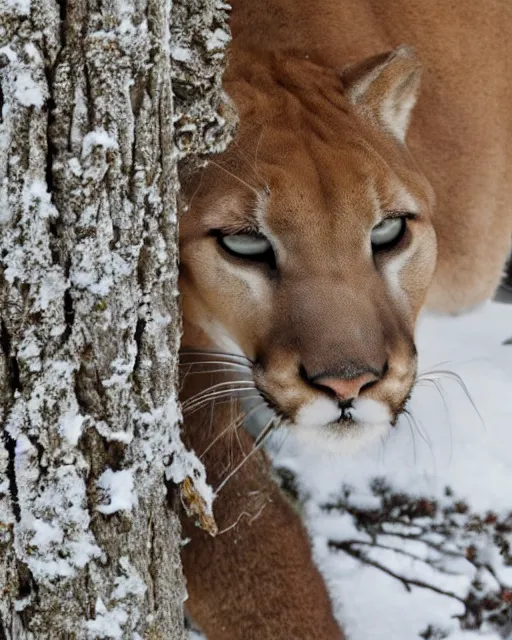 Image similar to postcard showing 'a cougar sleeping in the middle of snowy pine tree' laying on coffee table, zoomed out, HD, iphone screenshot