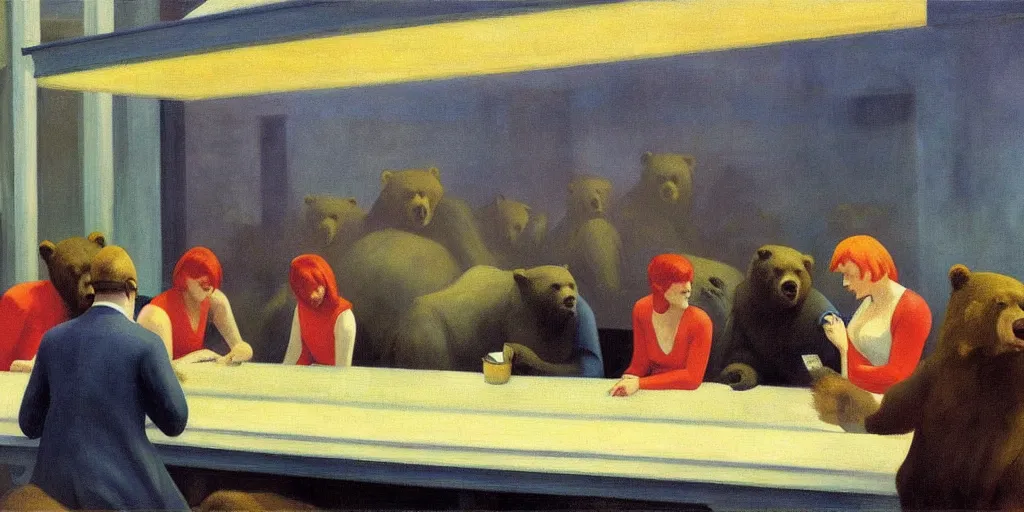 Image similar to edward hopper's painting, of a group of werebears robbing a bank, foggy