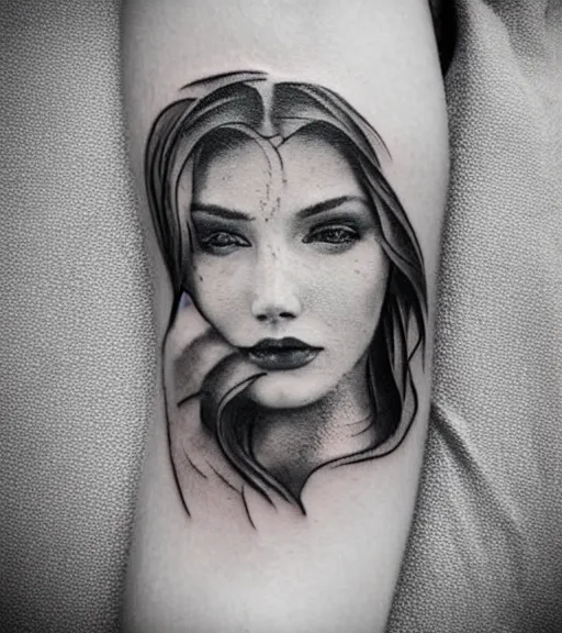 Prompt: tattoo design sketch of a beautiful woman face with a faded background of beautiful mountain nature on her side, hyper - realistic, double exposure effect, in the style of den yakovlev, amazing detail, black and white, faded