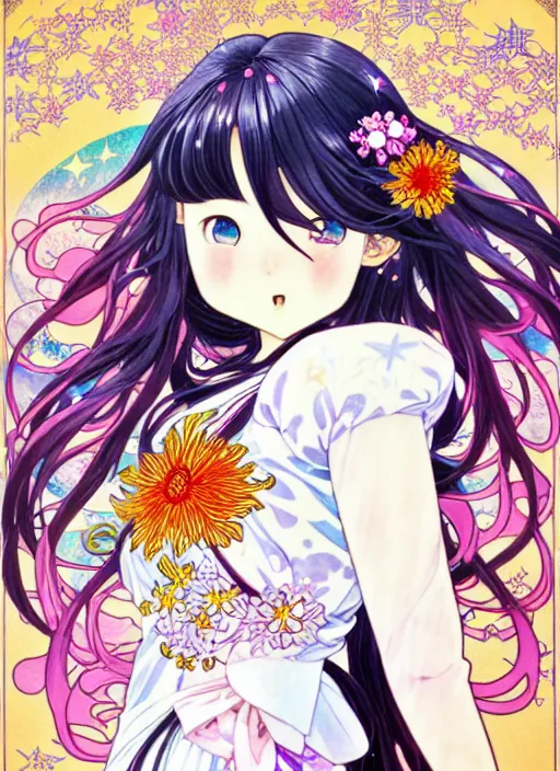 Image similar to exquisite imaginative manga poster art of a girl, long wavy hair, stars, flowers, japanese sailor uniform, shimmering, by kojima ayami, shigenori soejima, minaba hideo, alphonse mucha, jump comics, shogakukan, art nouveau, illustration, artstation, highly detailed, 8 k, colorful, iridescent, maximalist