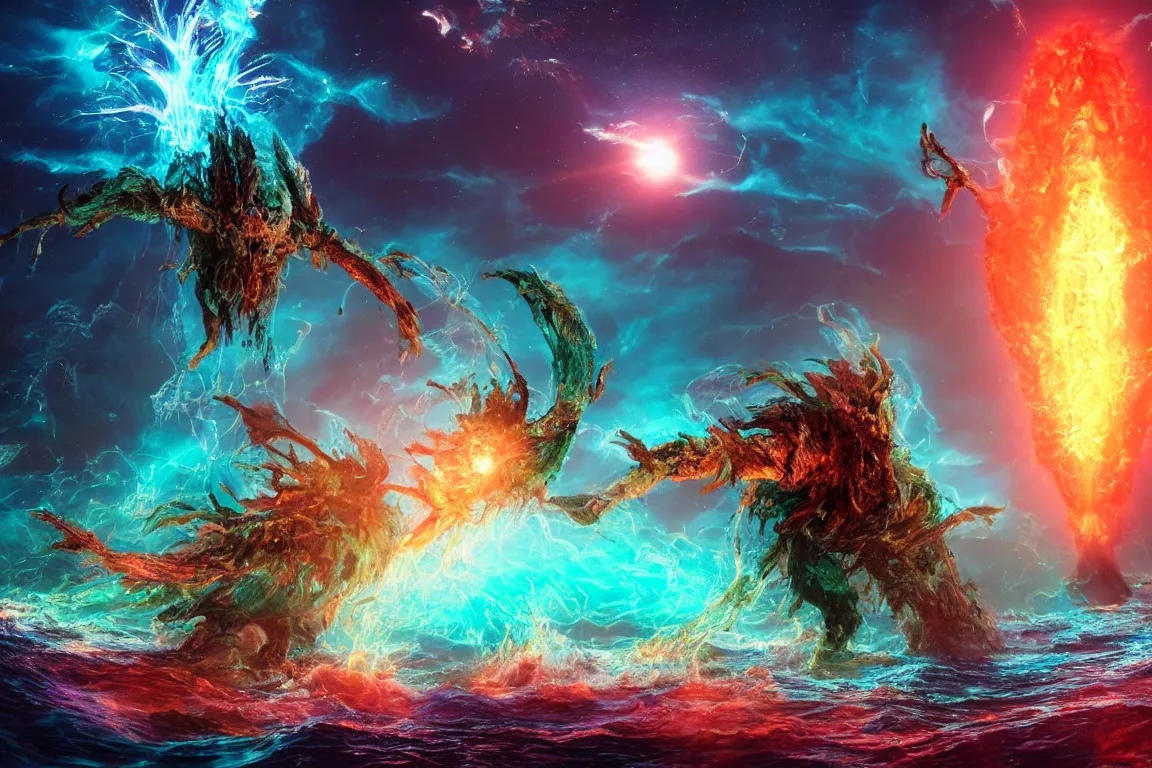 Prompt: colossal shaman god destroying very living thing in the ocean, made of lasers, cast across the night sky, 8 k, ultra realistic, lens flare, atmosphere, glow, detailed, intricate, full of colour, cinematic lighting, trending on artstation, 4 k, hyperrealistic, focused, extreme details, unreal engine 5, cinematic, masterpiece