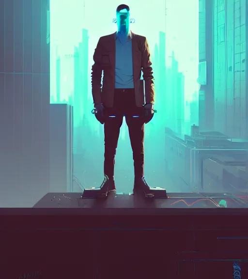 Image similar to cyberpunk synth - wave highly detailed portrait man corporate cyberpunk, by atey ghailan, by greg rutkowski, by greg tocchini, by james gilleard, by joe fenton, by kaethe butcher, dynamic lighting, gradient light blue, brown, blonde cream and white color scheme, grunge aesthetic