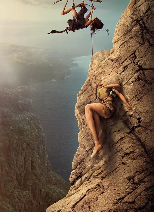 Image similar to close-up portrait action shot of Lara Croft hanging from a cliff ridge, Les Edwards, Zdzislaw Beksinski, Carl Gustav Carus, John Harris, Michal Karcz, Zhang Kechun, Mikko Lagerstedt, Scott Listfield, Steven Outram, Jessica Rossier