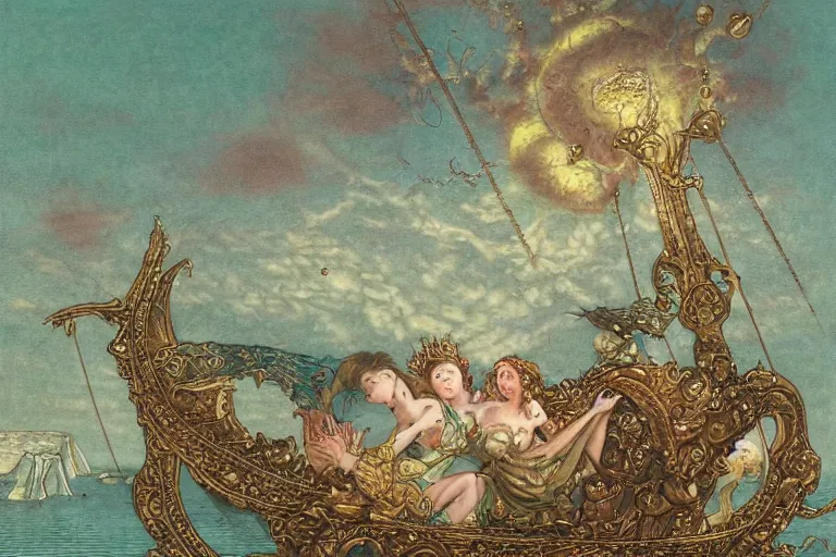 Image similar to princess rides an onion across the ocean by Yoshitaka Amano, oil painting on canvas, style of Gustave Dore