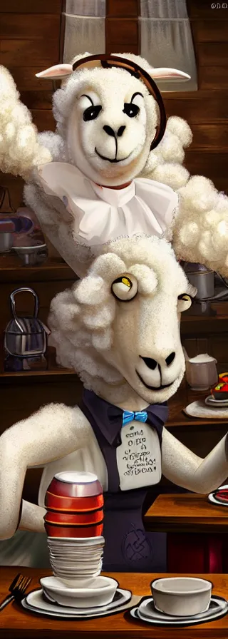 Image similar to beautiful female sheep anthropomorphic working as a waitress, digital art, cartoon, hyper detailed