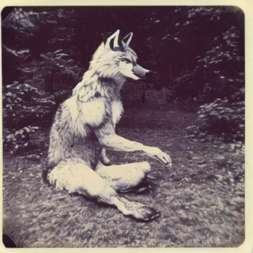 Prompt: old polaroid from 1 9 5 2 depicting an anthropomorphic wolf fursuit, fursona, meditating on a clearing, sunny day