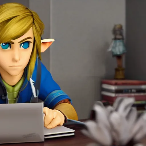 Prompt: Link from Zelda, sitting at a desk programming on a computer, close-up shot, cozy, elegant, realistic character concept, high fantasy, light atmosphere, golden ratio, cinematic lighting, hyperdetailed, high resolution, insanely detailed and intricate, digital art