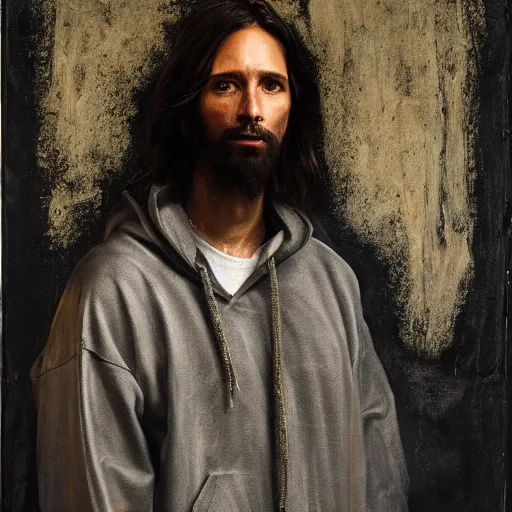 Image similar to a portrait of modern day jesus wearing hypebeast streetwear hoodie and pants by nicola samori, oil painting, realistic, 8 k, fear of god style